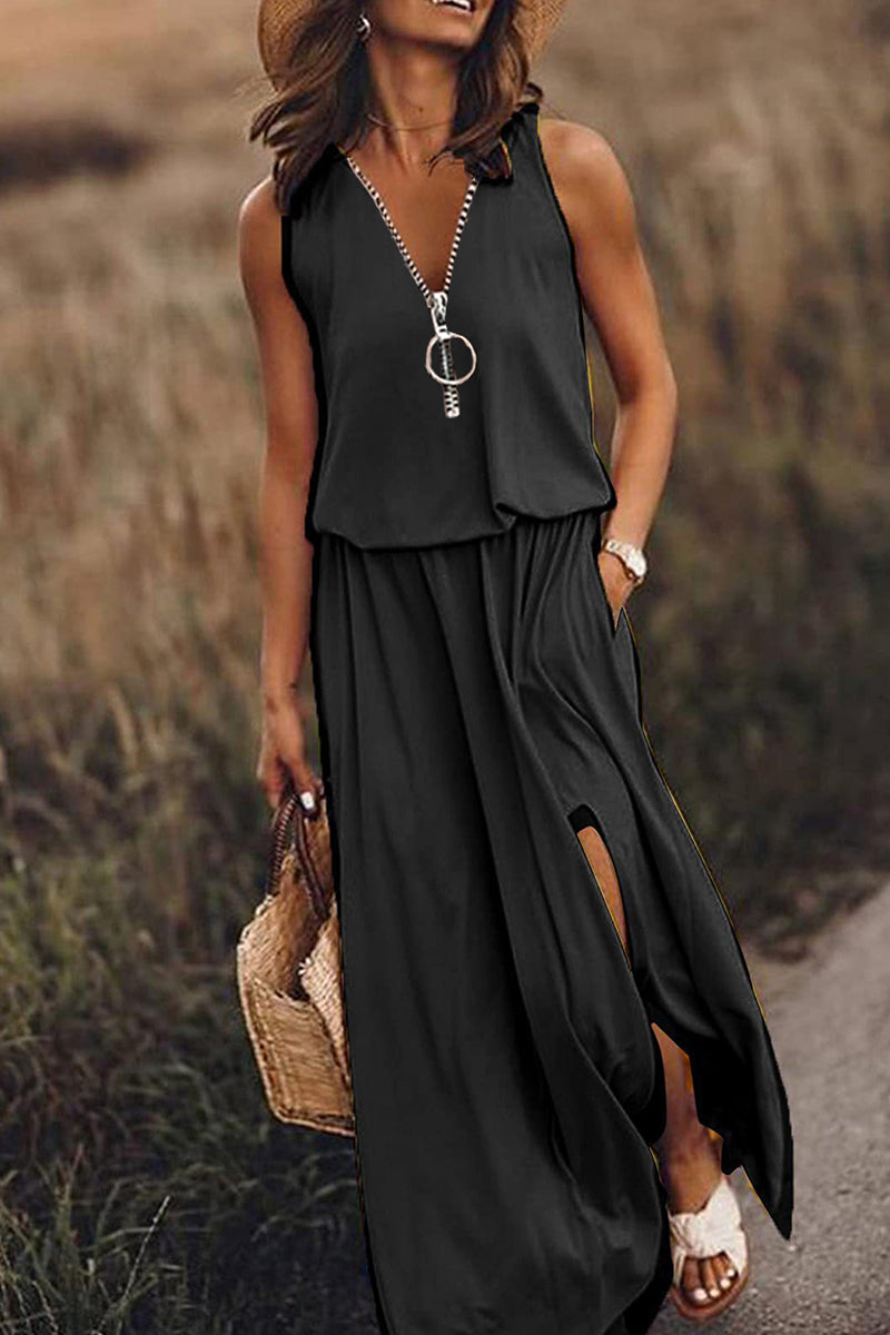Vestido informal liso con abertura y cremallera en el escote en V (3 colores)