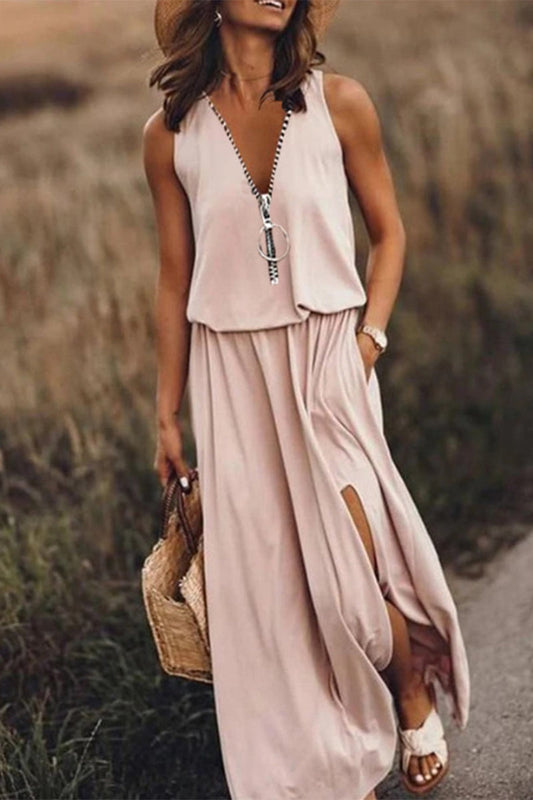 Vestido informal liso con abertura y cremallera en el escote en V (3 colores)