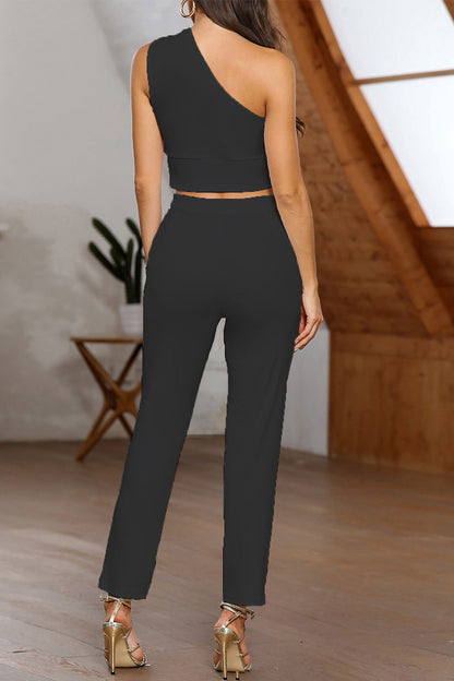 Conjunto informal de dos piezas sin mangas con cuello oblicuo y frenillo liso para trabajo