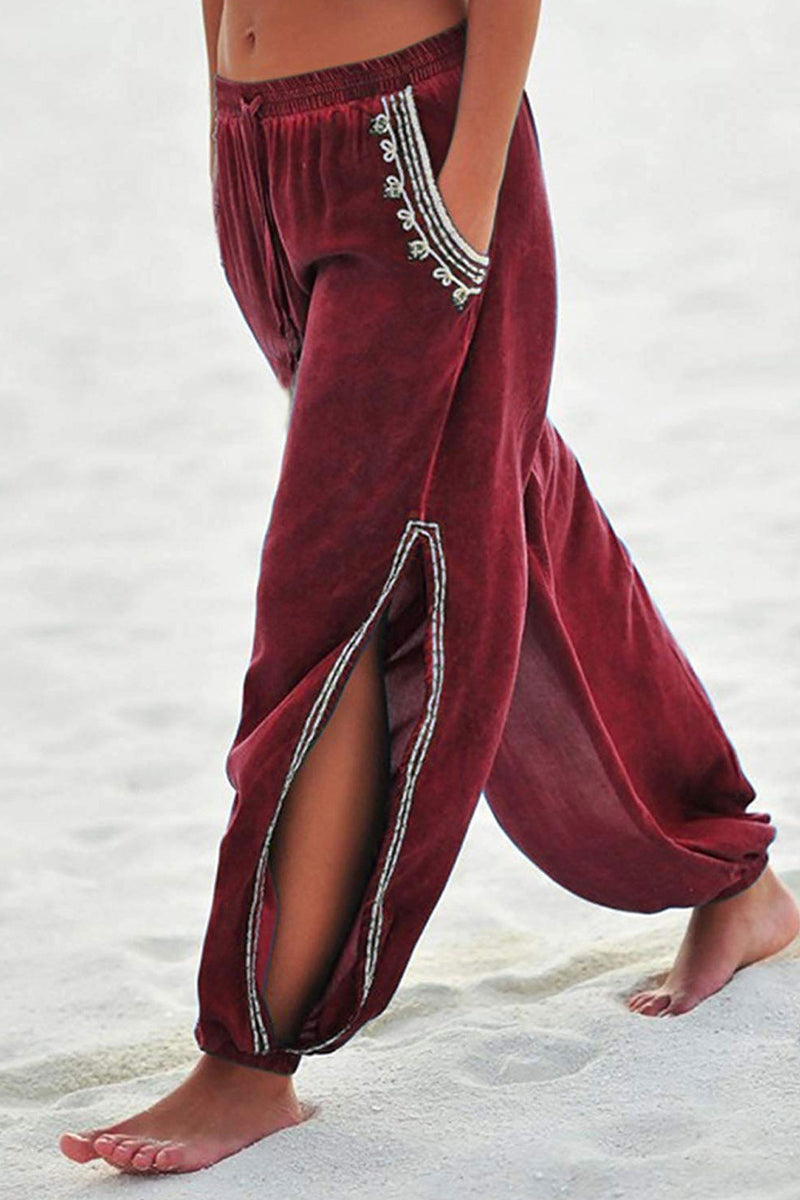 Pantalones casuales de harén con estampado de vacaciones, borlas y patchwork con aberturas