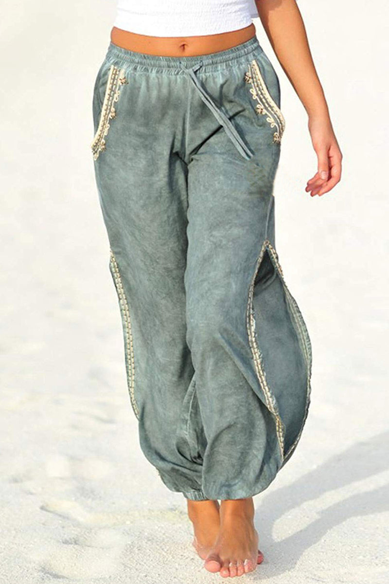 Pantalones casuales de harén con estampado de vacaciones, borlas y patchwork con aberturas