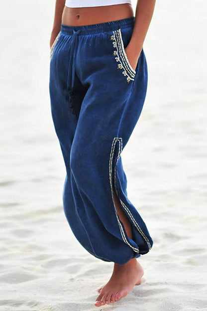 Pantalones casuales de harén con estampado de vacaciones, borlas y patchwork con aberturas