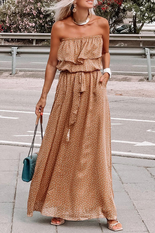 Vestidos plisados sin tirantes con frenillo de lunares para vacaciones bohemias