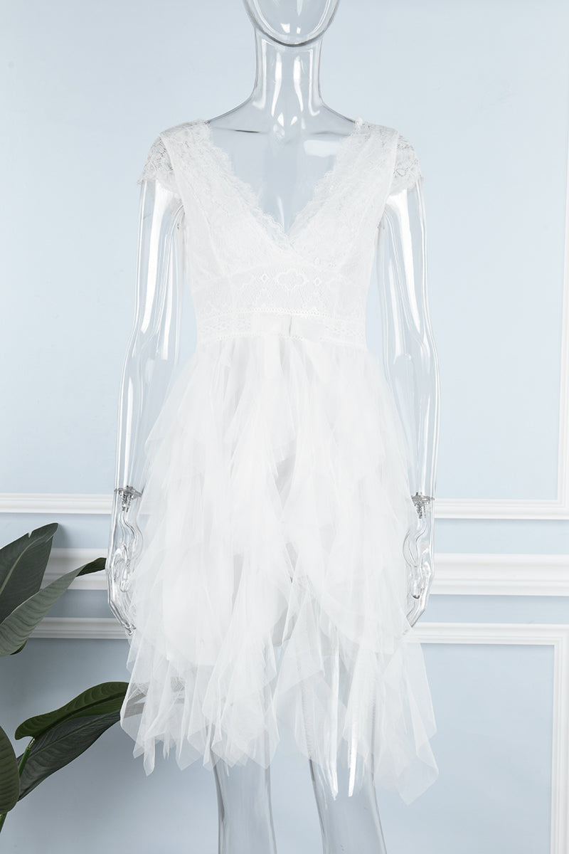 Vestido elegante de malla lisa con escote en V irregular (3 colores)