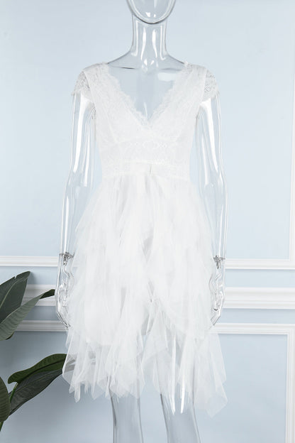 Vestido elegante de malla lisa con escote en V irregular (3 colores)