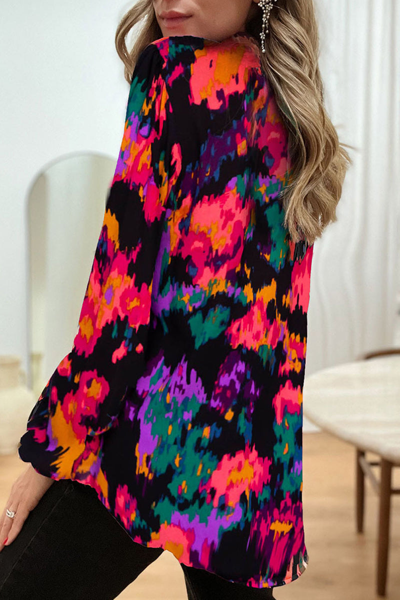 Blusas elegantes con cuello en V y estampado de patchwork para trabajar