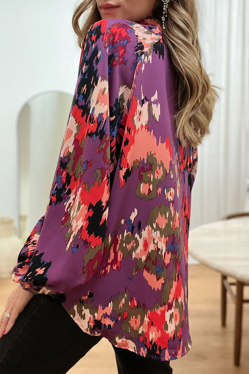 Blusas elegantes con cuello en V y estampado de patchwork para trabajar