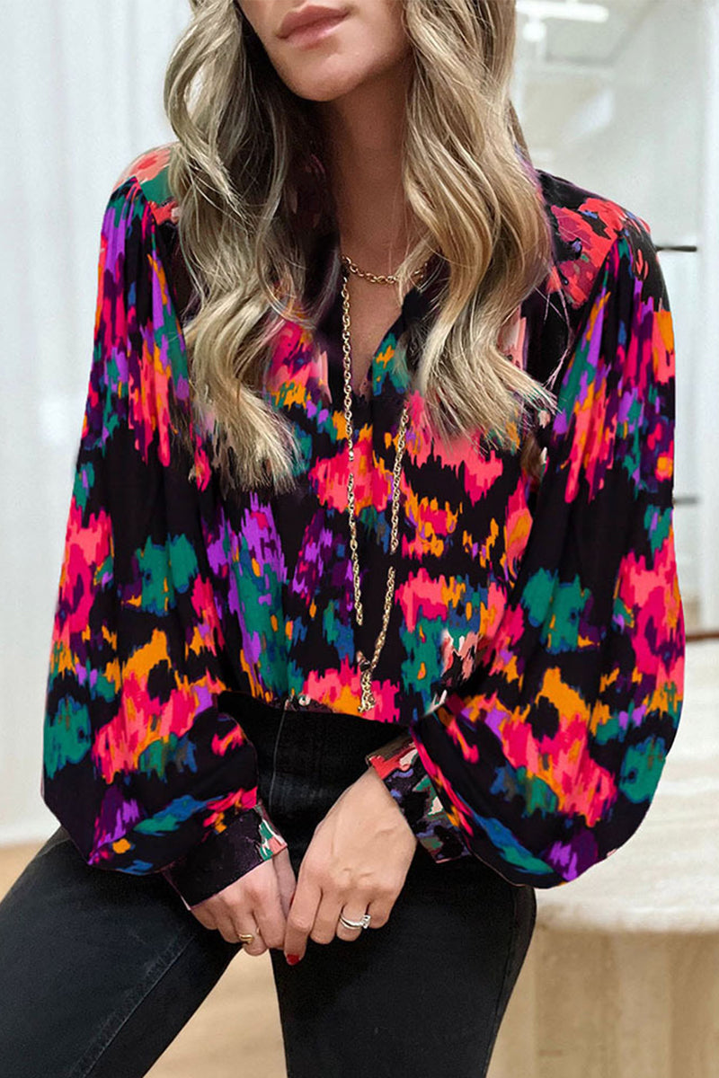 Blusas elegantes con cuello en V y estampado de patchwork para trabajar