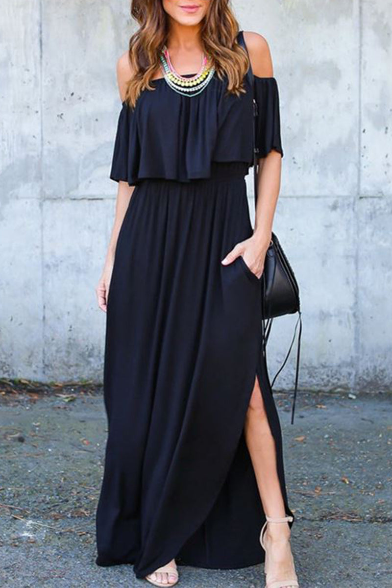 Vestido sexy informal de corte A con hombros descubiertos, bolsillos sólidos y volantes (5 colores)