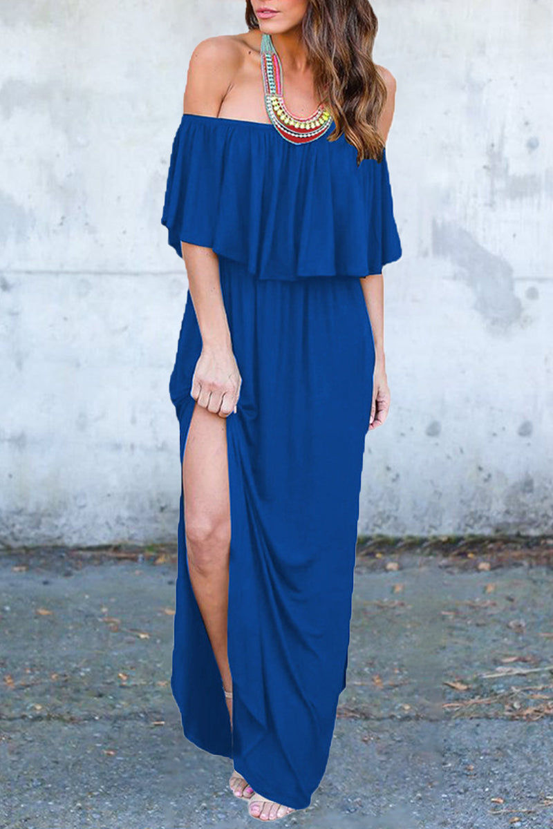 Vestido sexy informal de corte A con hombros descubiertos, bolsillos sólidos y volantes (5 colores)