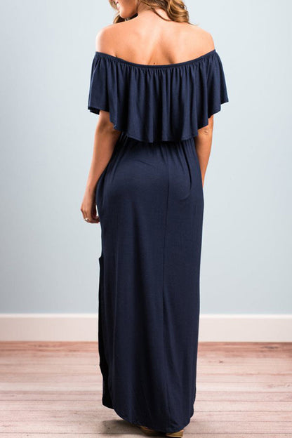 Vestido sexy informal de corte A con hombros descubiertos, bolsillos sólidos y volantes (5 colores)