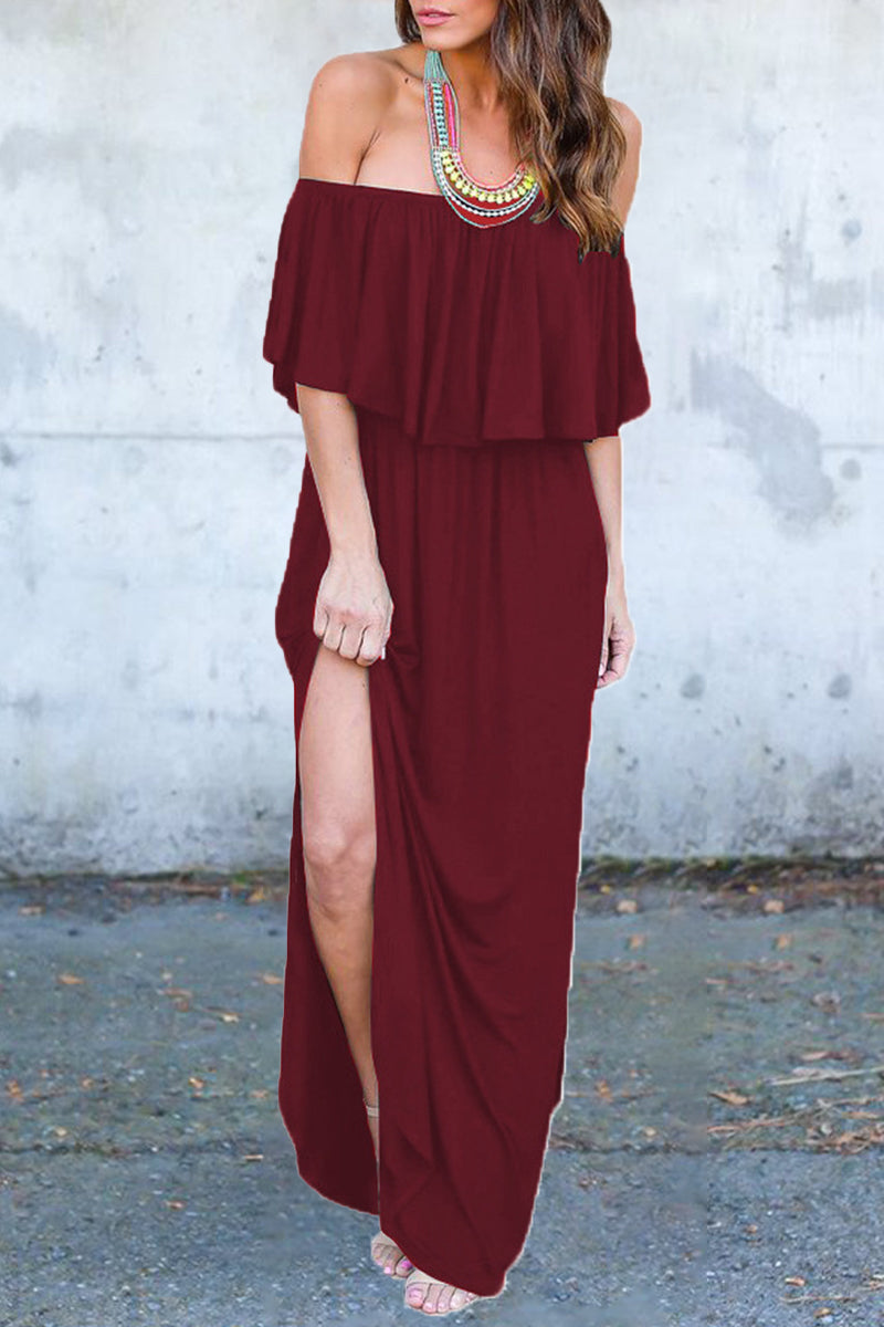 Vestido sexy informal de corte A con hombros descubiertos, bolsillos sólidos y volantes (5 colores)