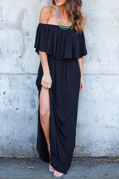 Vestido sexy informal de corte A con hombros descubiertos, bolsillos sólidos y volantes (5 colores)