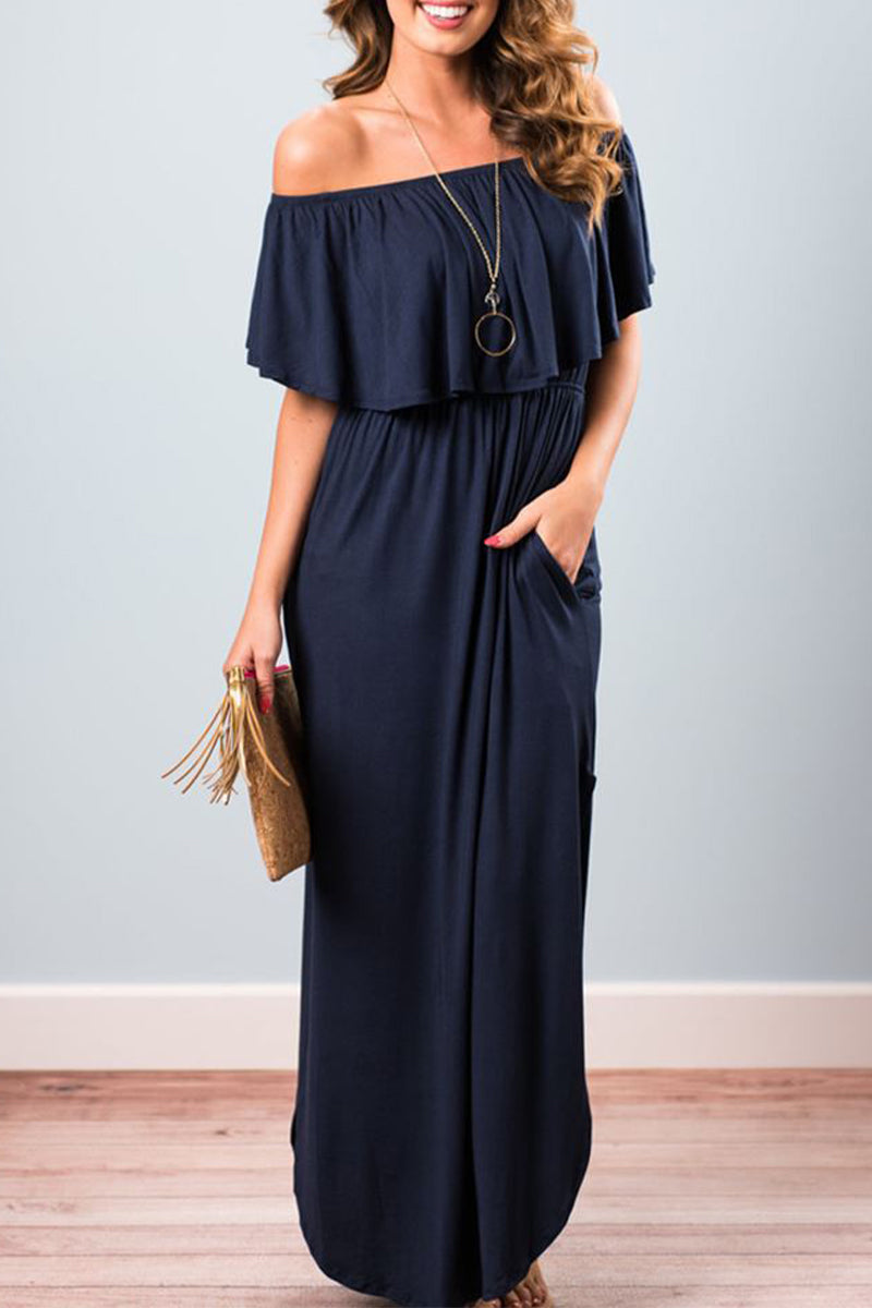 Vestido sexy informal de corte A con hombros descubiertos, bolsillos sólidos y volantes (5 colores)