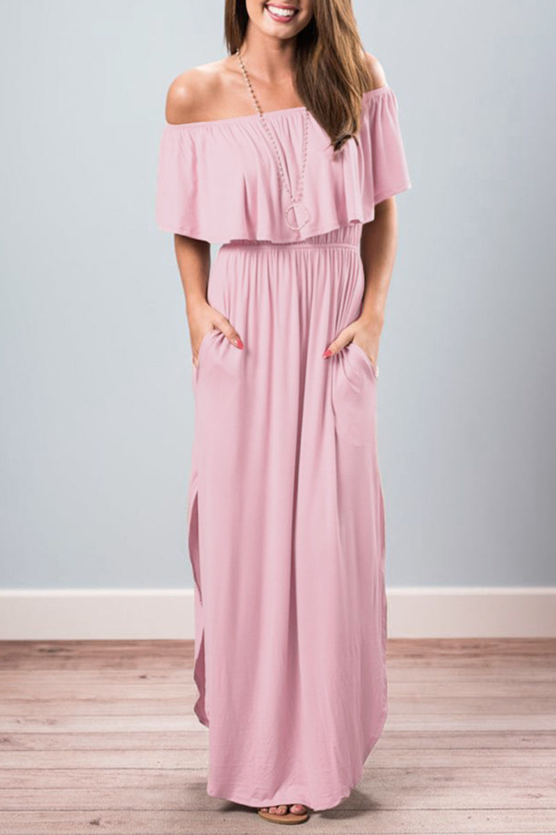 Vestido sexy informal de corte A con hombros descubiertos, bolsillos sólidos y volantes (5 colores)