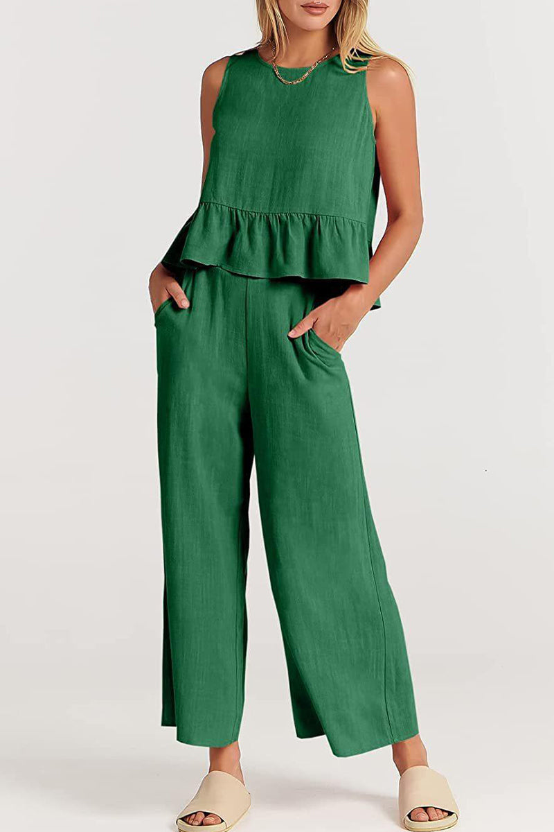 Conjunto informal sencillo de dos piezas con bolsillos, botones y cuello redondo sin mangas