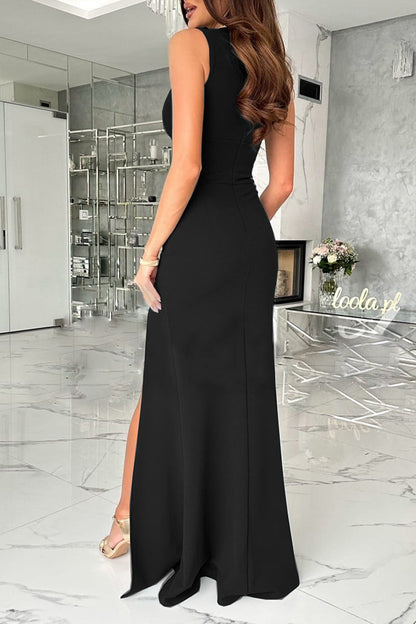Vestido de noche elegante de celebridades con escote en V, abertura y pliegues (4 colores)