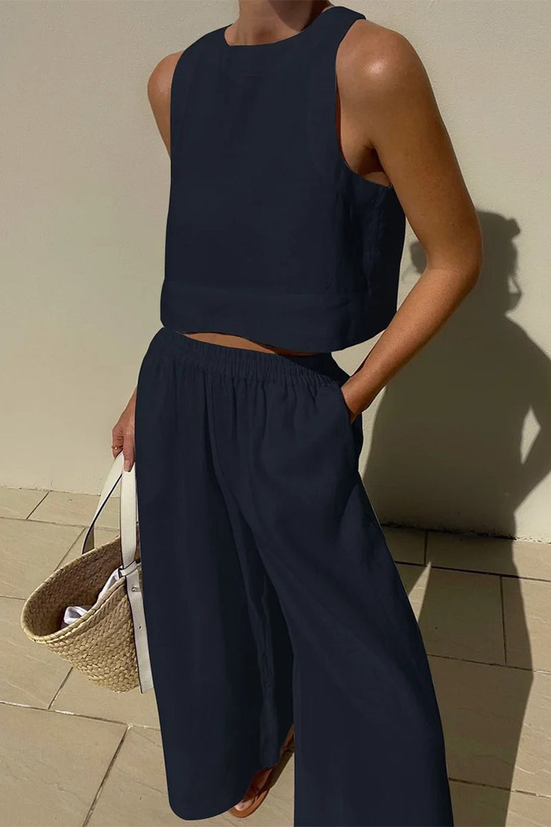 Conjunto de dos piezas informal, sencillo, liso, color liso, cuello redondo, sin mangas