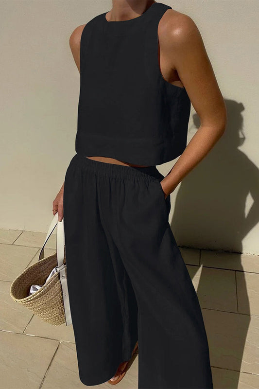 Conjunto informal sencillo de dos piezas, color liso, cuello redondo, sin mangas (5 colores)