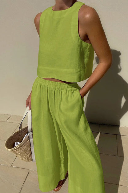Conjunto de dos piezas informal, sencillo, liso, color liso, cuello redondo, sin mangas