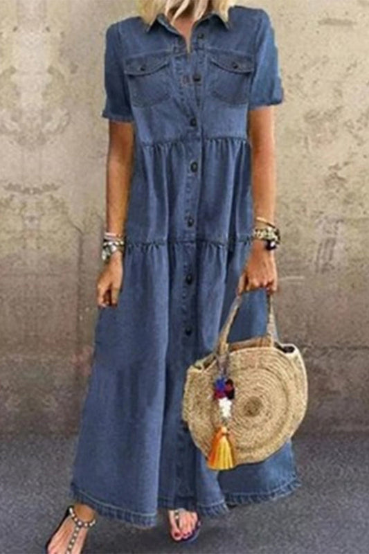 Vestidos casuales de mezclilla de color liso con cuello vuelto, manga corta y cintura alta.