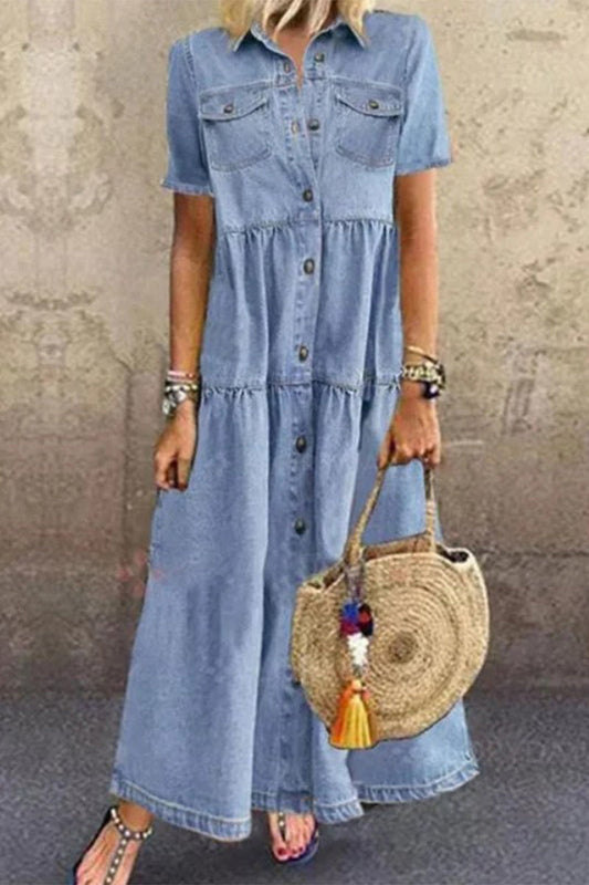 Vestidos casuales de mezclilla de color liso con cuello vuelto, manga corta y cintura alta.