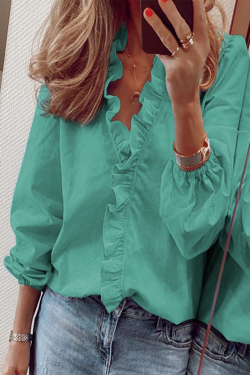 Blusas casuales lisas con volantes y cuello en V (9 colores)