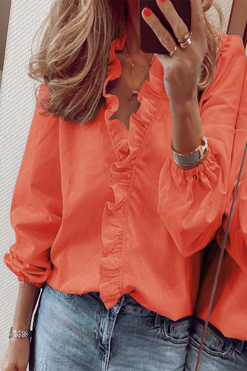 Blusas casuales lisas con volantes y cuello en V (9 colores)