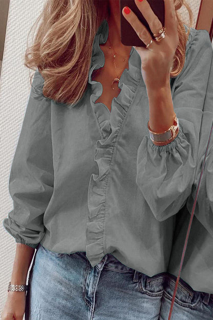 Blusas casuales lisas con volantes y cuello en V (9 colores)