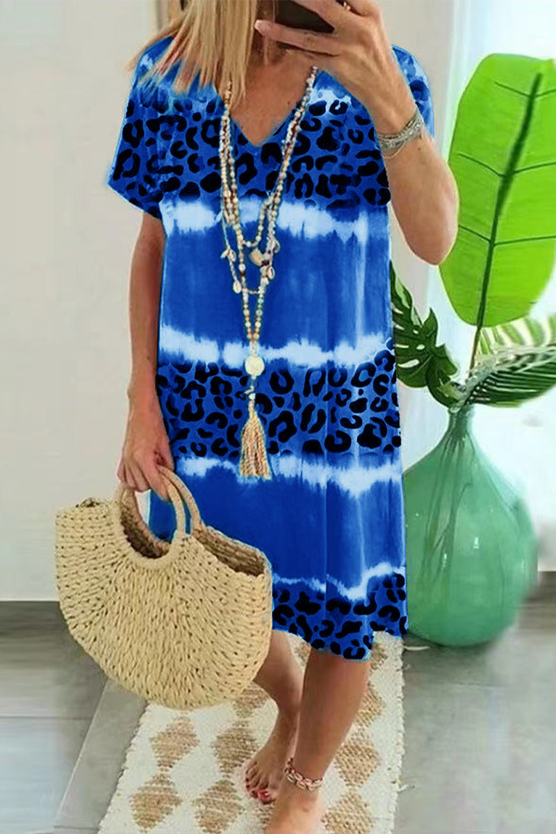 Vestido sexy informal de rayas con estampado de leopardo y retazos, cuello en V y manga corta
