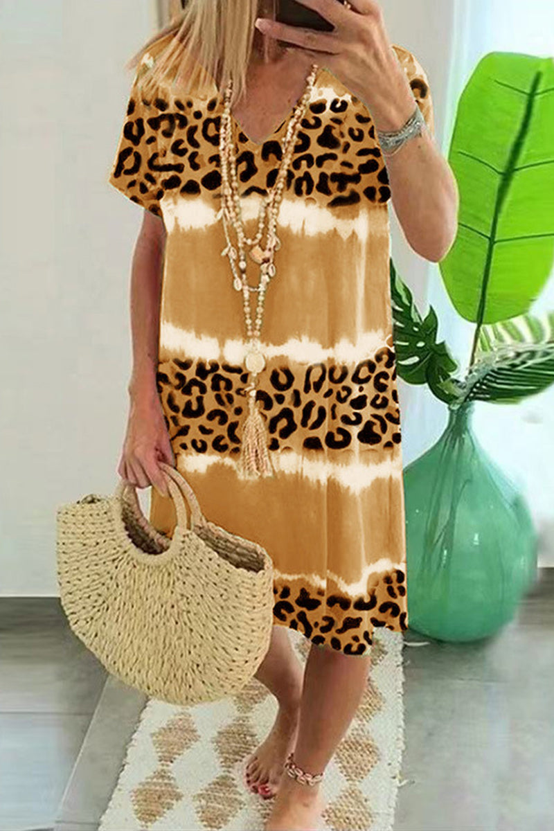 Vestido sexy informal de rayas con estampado de leopardo y retazos, cuello en V y manga corta