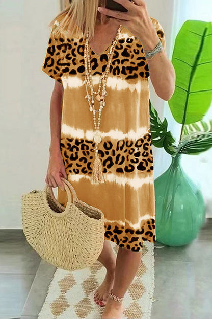 Vestido sexy informal de rayas con estampado de leopardo y retazos, cuello en V y manga corta