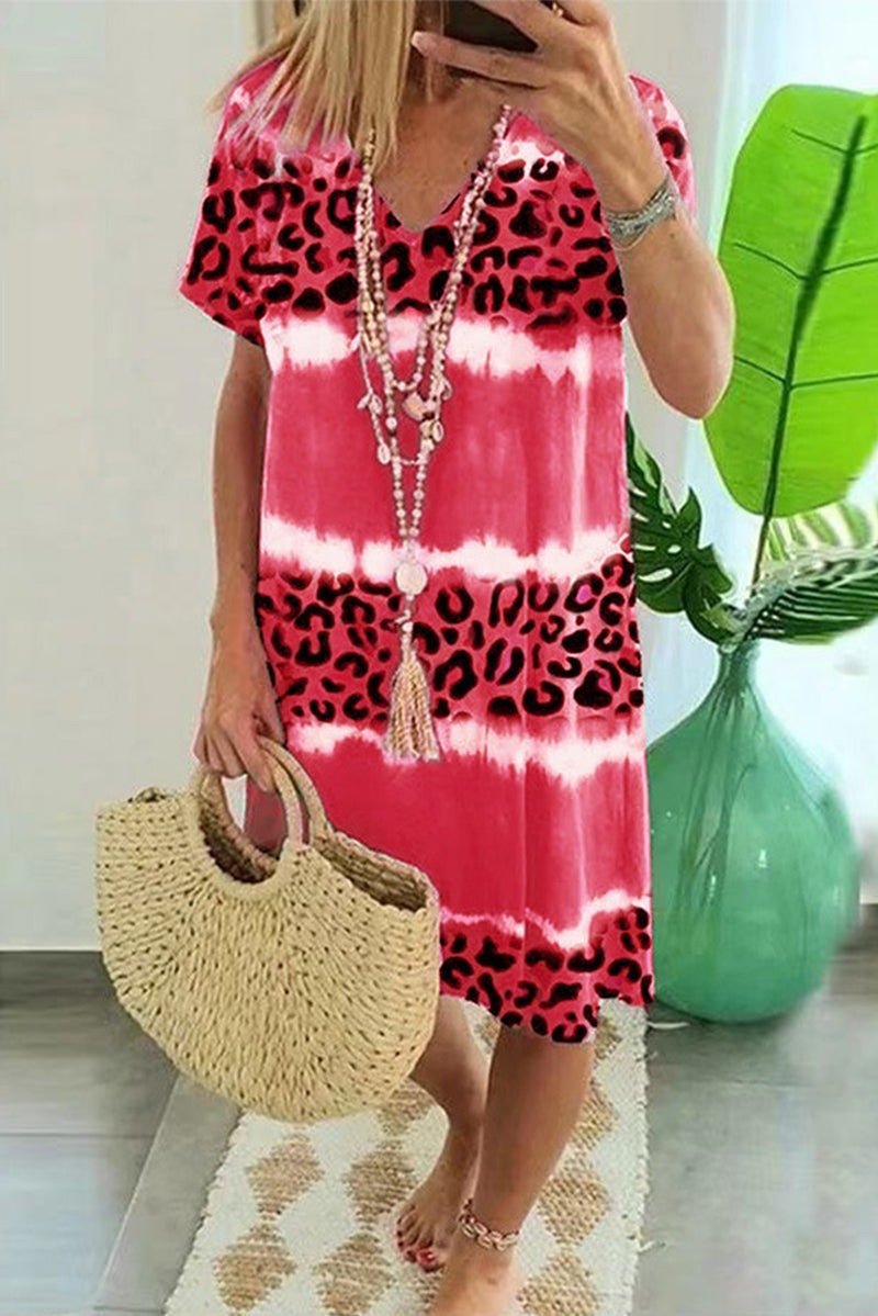 Vestido sexy informal de rayas con estampado de leopardo y retazos, cuello en V y manga corta