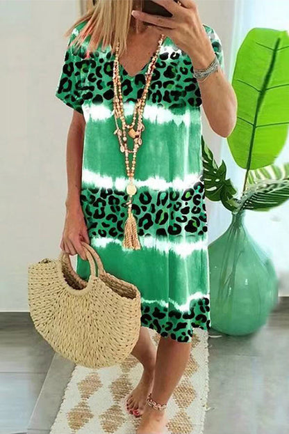 Vestido sexy informal de rayas con estampado de leopardo y retazos, cuello en V y manga corta