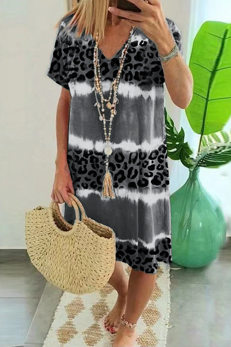 Vestido sexy informal de rayas con estampado de leopardo y retazos, cuello en V y manga corta