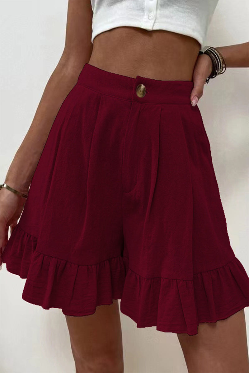 Pantalones casuales de color liso con volantes, sueltos, de cintura alta y pierna ancha