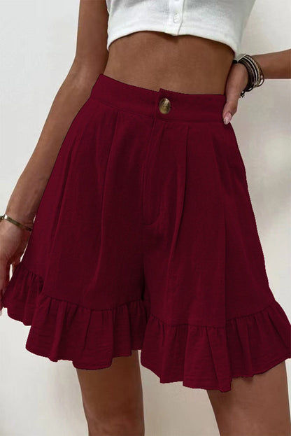 Pantalones casuales de color liso con volantes, sueltos, de cintura alta y pierna ancha