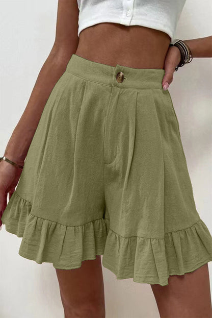Pantalones casuales de color liso con volantes, sueltos, de cintura alta y pierna ancha