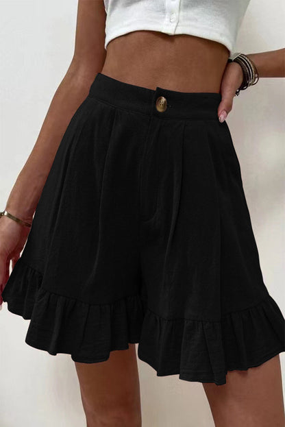 Pantalones casuales de color liso con volantes, sueltos, de cintura alta y pierna ancha