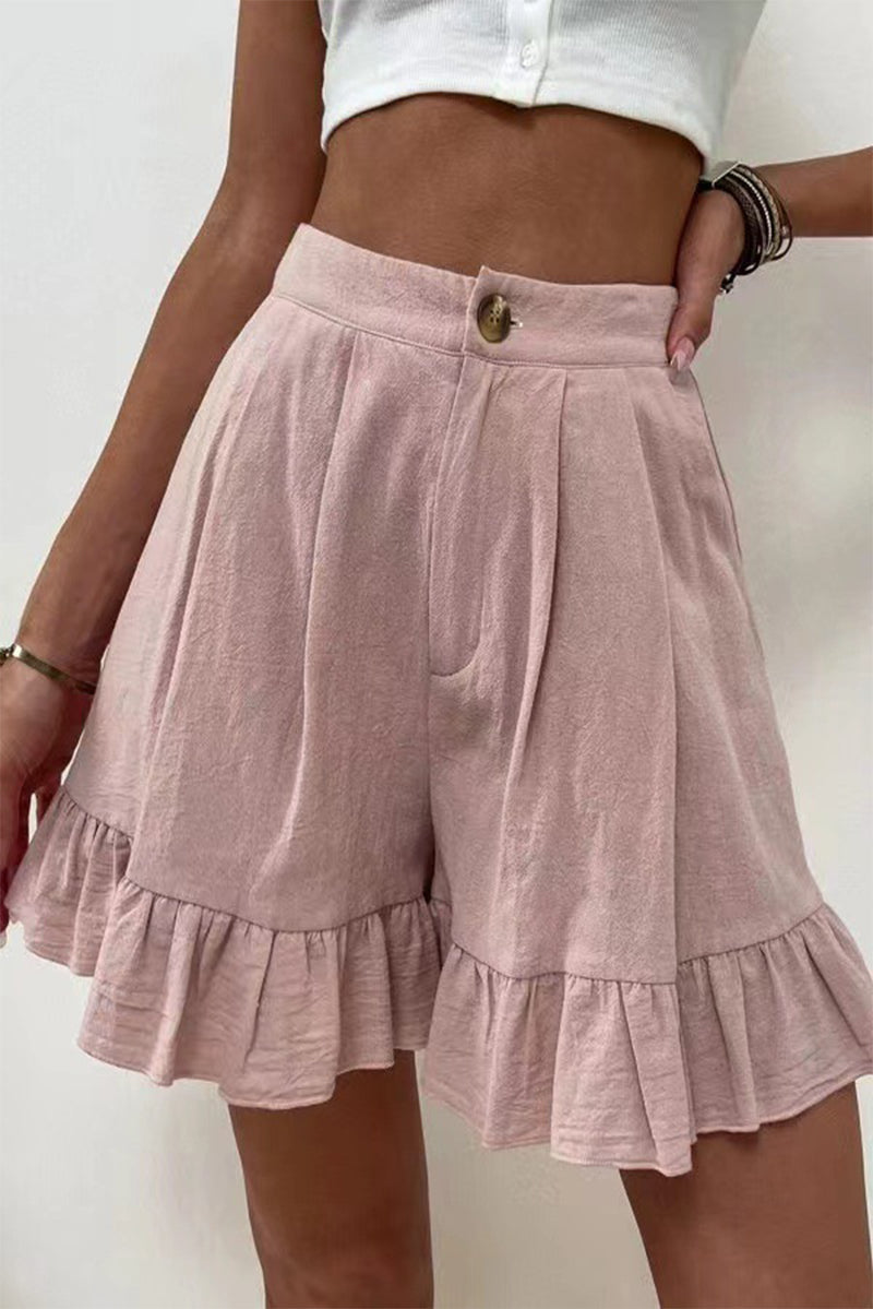 Pantalones casuales de color liso con volantes, sueltos, de cintura alta y pierna ancha