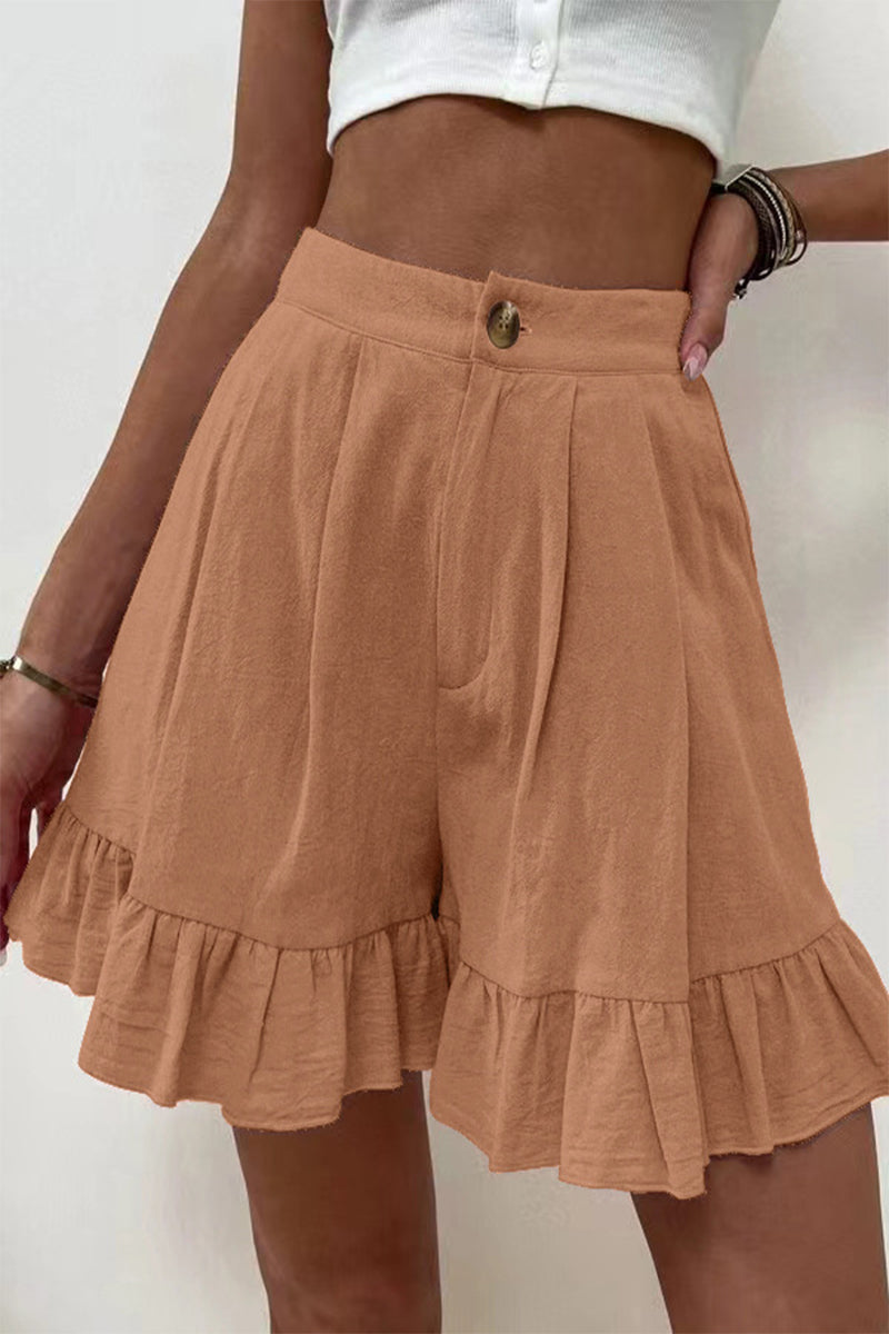 Pantalones casuales de color liso con volantes, sueltos, de cintura alta y pierna ancha