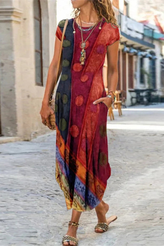 Vestido casual de manga corta con cuello redondo y estampado de patchwork de calle