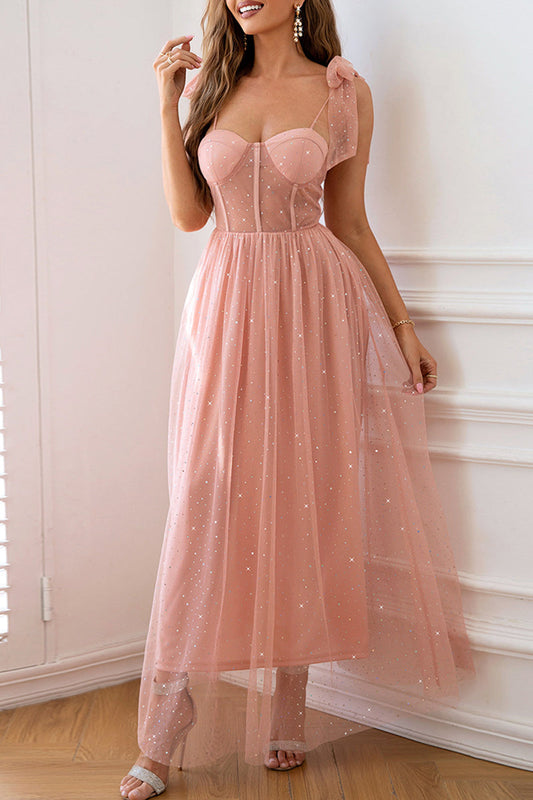 Vestido de noche elegante de cuello POLO de malla con lentejuelas y frenillo sólido de celebridades