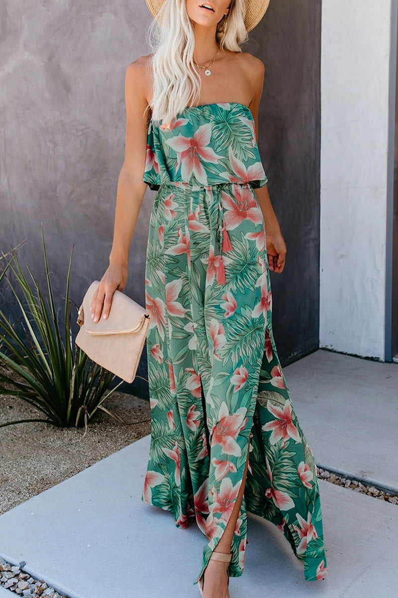 Vestido sexy de vacaciones con estampado floral y patchwork, sin tirantes, irregular.