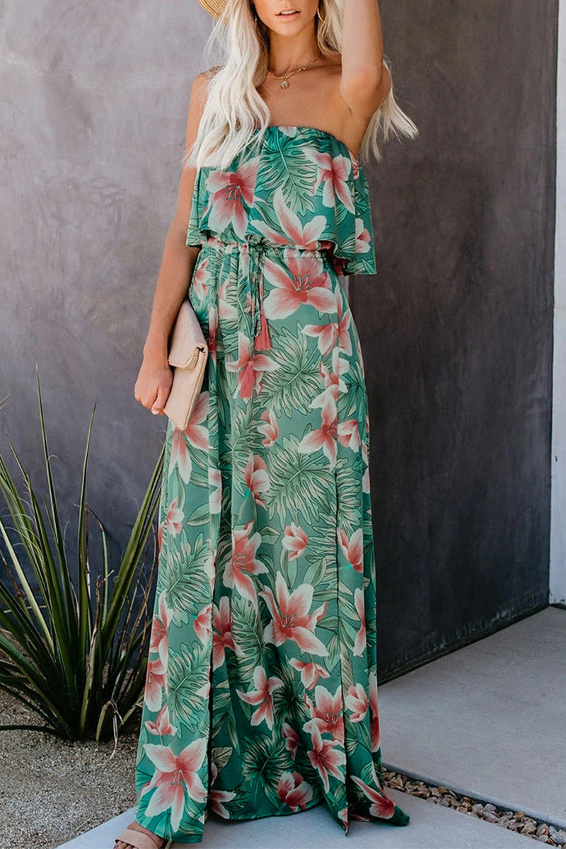 Vestido sexy de vacaciones con estampado floral y patchwork, sin tirantes, irregular.