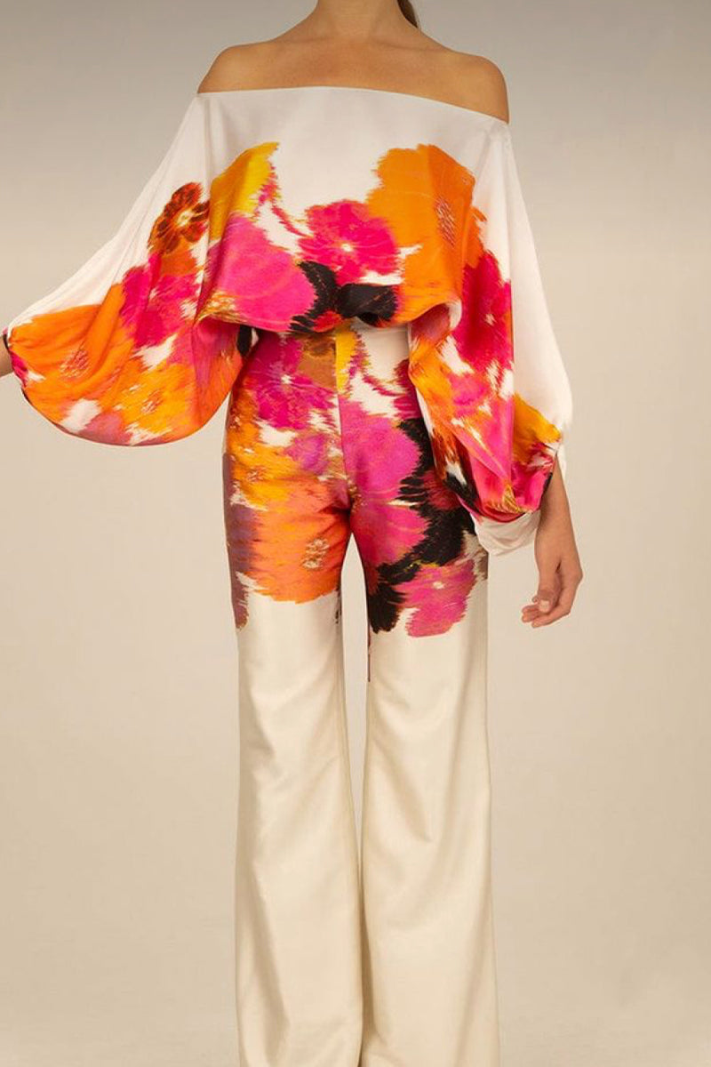 Conjunto informal elegante con estampado de patchwork y hombros descubiertos, manga larga, dos piezas (11 colores)