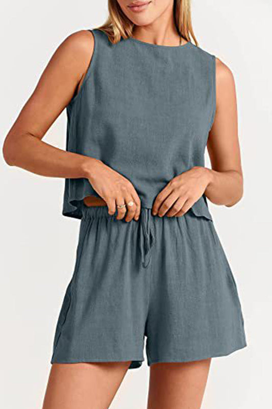 Conjunto informal sencillo de dos piezas, liso, con cuello redondo y sin mangas (10 colores)