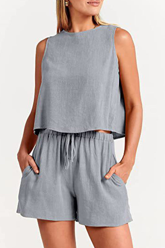 Conjunto informal sencillo de dos piezas, liso, con frenillo y cuello redondo, sin mangas