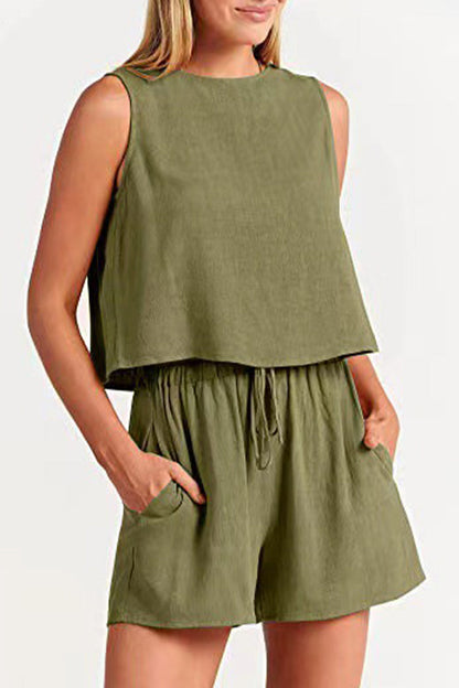 Casual Simplicity Solid Frenulum O Neck Sleeveless Two Pieces