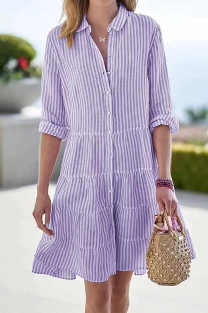 Vestido camisero elegante con cuello vuelto y cordón geométrico (6 colores)